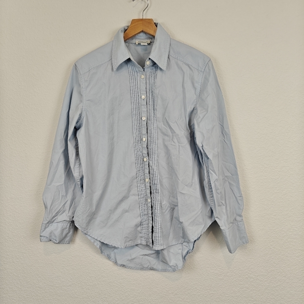 Sundance Sky Blue Pleated Pintucked Button Up Long Sleeve Cotton Shirt Size PXS